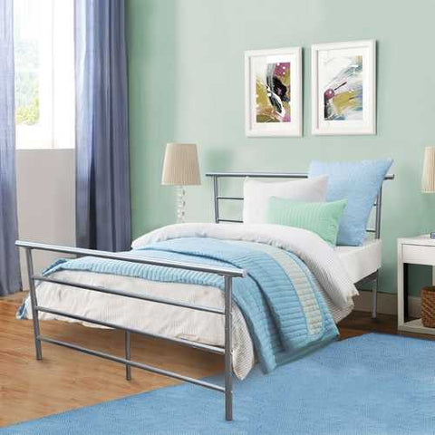 Image of Full size Metal Platform Bed Frame with Modern Headboard and Footboard in Silver