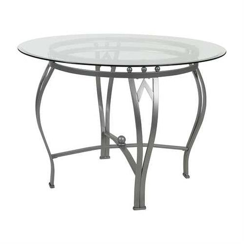 Image of Round 42-inch Clear Tempered Glass Dining Table with Silver Frame