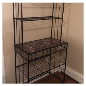 Kitchen Bakers Rack in Black Metal with Marble Finish Top