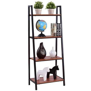 Ladder Style 4-Shelf Bookcase in Black Steel Walnut Wood Finish