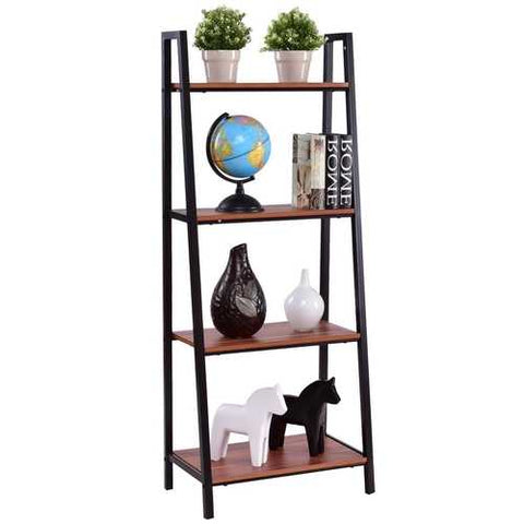 Image of Ladder Style 4-Shelf Bookcase in Black Steel Walnut Wood Finish