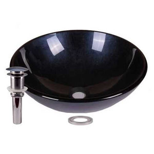 Tempered Glass Dark Blue Round Bathroom Vessel Sink with Drain