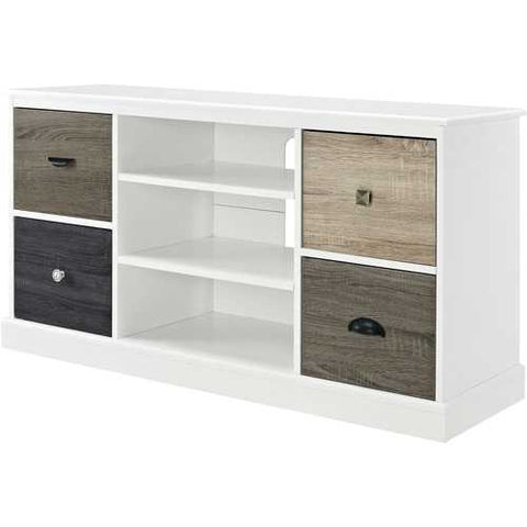 Image of White Wood Finish TV Stand with Multi Wood Grain Finish Drawer Door Fronts