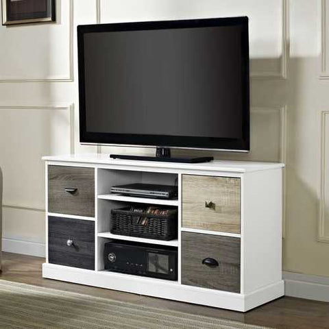 Image of White Wood Finish TV Stand with Multi Wood Grain Finish Drawer Door Fronts