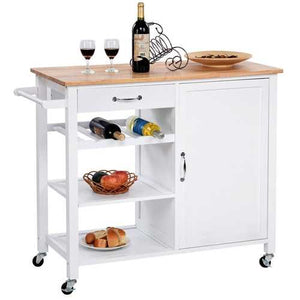 Modern White Kitchen Island Cart with Wood Top and Wheels