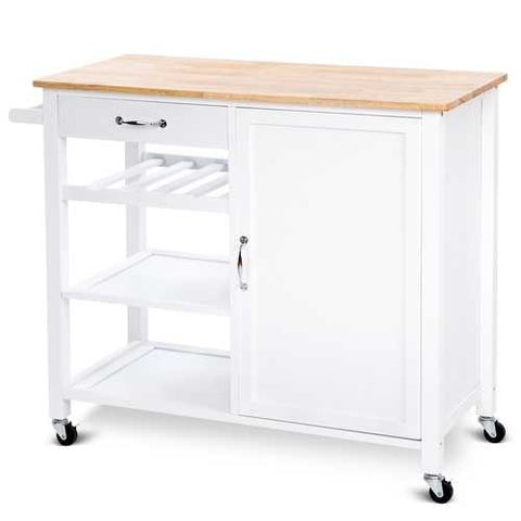 Image of Modern White Kitchen Island Cart with Wood Top and Wheels