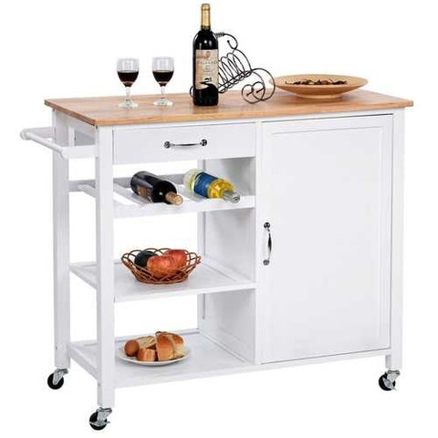 Image of Modern White Kitchen Island Cart with Wood Top and Wheels