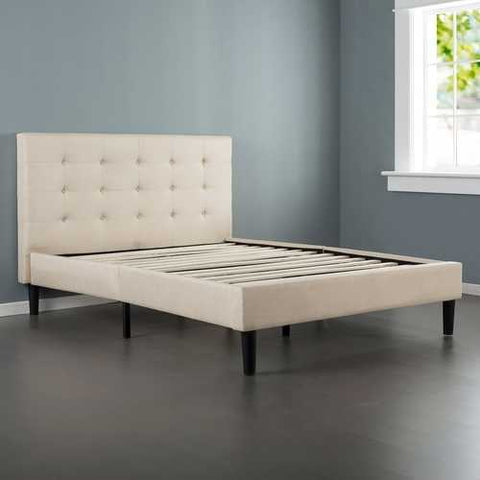 Image of Full size Platform Bed Frame with Taupe Button Tufted Upholstered Headboard