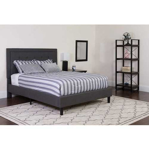 Image of Full size Dark Grey Fabric Upholstered Platform Bed Frame with Tufted Headboard