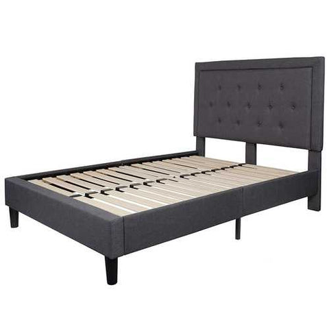 Image of Full size Dark Grey Fabric Upholstered Platform Bed Frame with Tufted Headboard