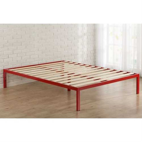 Image of Full size Red Metal Platform Bed Frame with Wood Slats