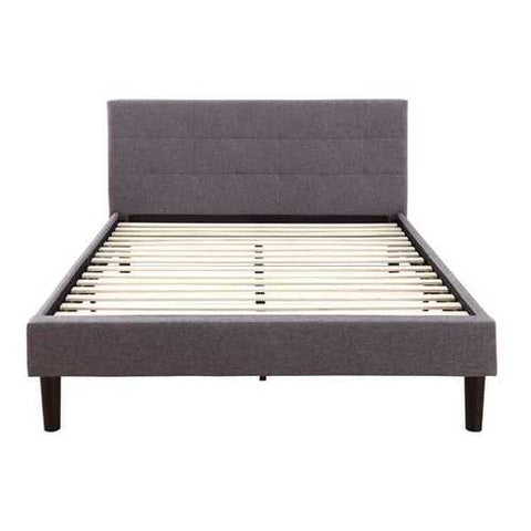 Image of Full size Grey Linen Upholstered Platform Bed Frame with Padded Headboard