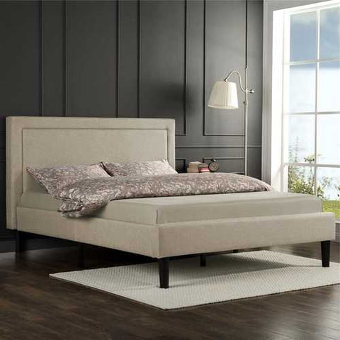 Image of Full size Taupe Upholstered Platform Bed with Classic Headboard