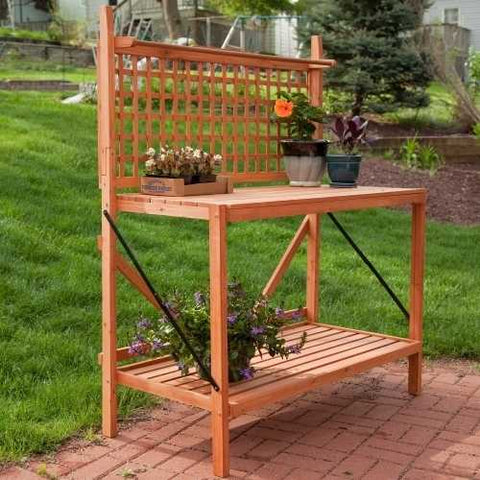 Image of Folding Wood Potting Bench Outdoor Bakers Rack with Shelves