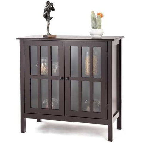 Image of Brown Wood Sideboard Buffet Cabinet with Glass Panel Doors