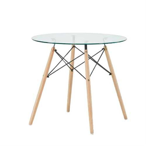 Image of Modern 31.5-inch Round Glass Dining Table with Wood Legs