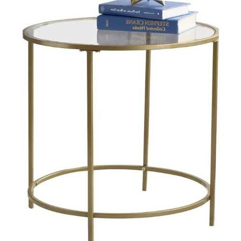 Image of Round Glass Top End Table Nightstand with Gold Metal Frame