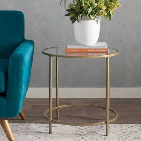 Image of Round Glass Top End Table Nightstand with Gold Metal Frame