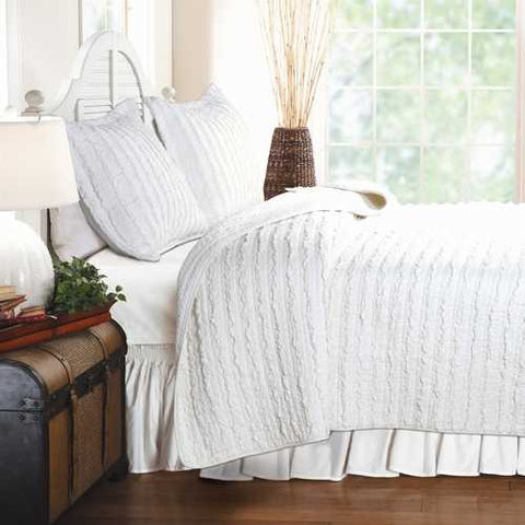 Image of Twin Oversized 3-Piece Quilt Set White 100% Cotton Ruffles Pre-Washed