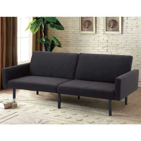 Image of Modern Mid-Century Style Futon Sofa Bed with Black Linen Upholstery