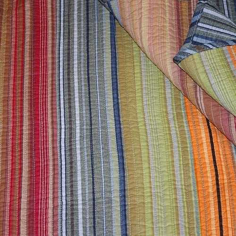 Image of Full / Queen 100% Cotton Quilt Set with Red Orange Blue Brown Stripes