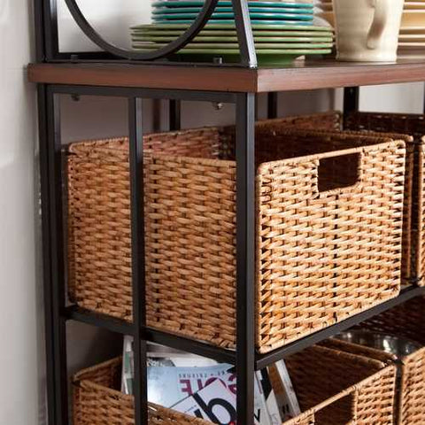 Image of Durable Metal and Wood Bakers Rack with Classic Wicker Basket Storage