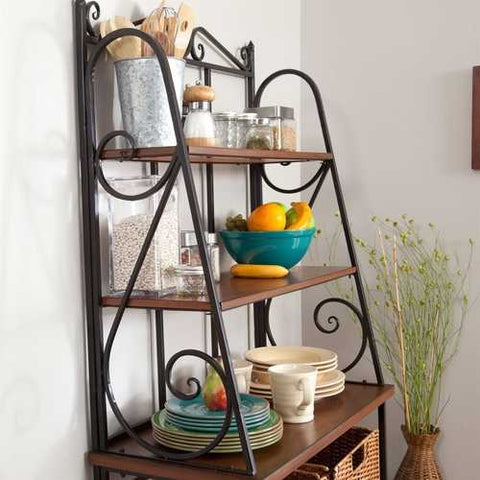 Image of Durable Metal and Wood Bakers Rack with Classic Wicker Basket Storage