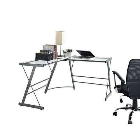 Image of Metal Frame Glass Top L-Shape Desk - Laptop Computer Writing Table