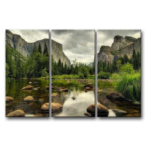 Image of Yosemite Mountain Stream 3-Piece Wall Art Framed Print on Canvas