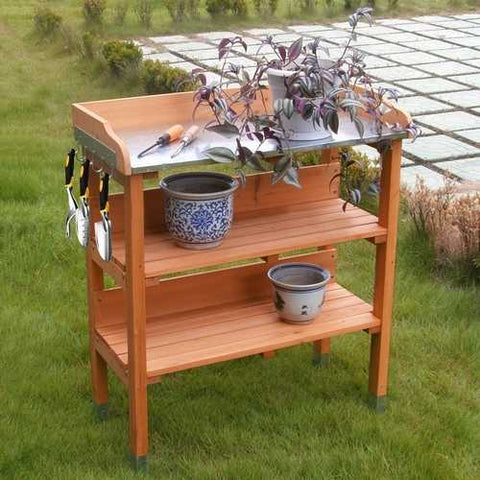 Image of Outdoor Garden Wood Potting Bench Storage Shelf with Metal Top