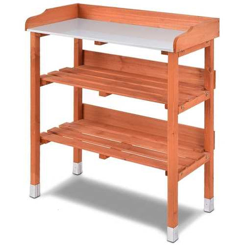 Image of Outdoor Garden Wood Potting Bench Storage Shelf with Metal Top