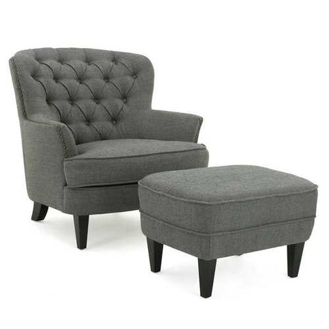 Image of Gray Mid-Century Tufted Upholstered Club Armchair with Ottoman