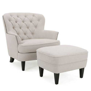 Natural Mid-Century Tufted Upholstered Club Armchair with Ottoman