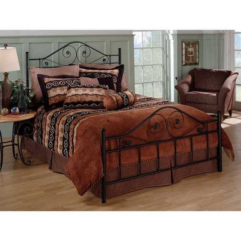 Image of Queen size Black Metal Bed with Scrollwork Headboard and Footboard