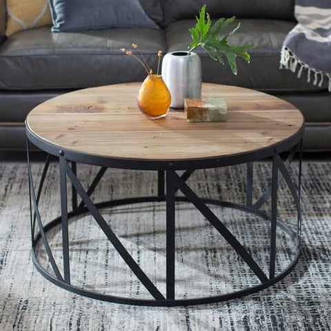 Image of Round Metal and Wood Drum Shaped Coffee Table