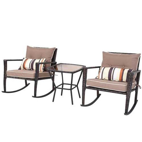 Image of Brown 3 Piece Patio Set Rattan Wicker Rocking Chairs with Coffee Table