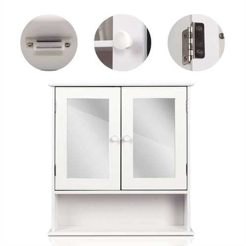 Image of White 2-Door Mirrored Medicine Cabinet with Open Shelf