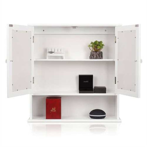 Image of White 2-Door Mirrored Medicine Cabinet with Open Shelf