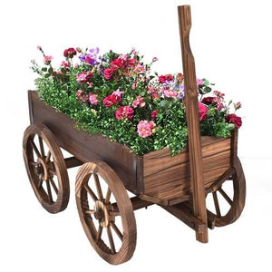 Mobile Half Barrel Solid Wood Planter Box on Wooden Wheels