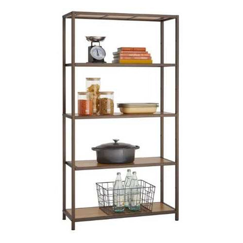 Image of Heavy Duty 5-Shelf Steel Frame Shelving Unit with Bamboo Shelves