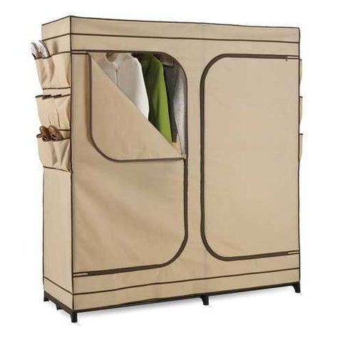 Image of Khaki Double Door Wardrobe Portable Clothes Closet with Shoe Storage