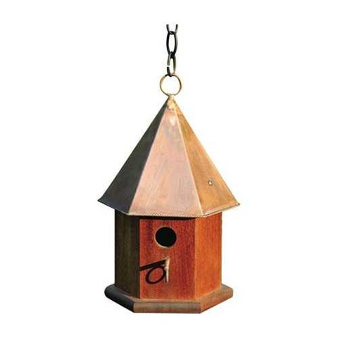 Image of Solid Mahogany Wood Songbird Birdhouse with Shiny Copper Roof