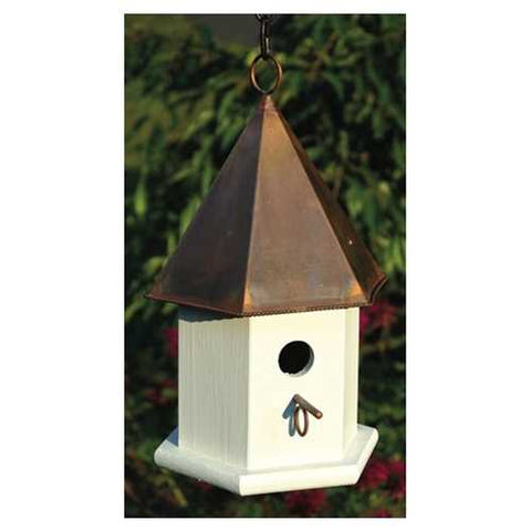 Image of White Wood Songbird Birdhouse with Brown Copper Roof