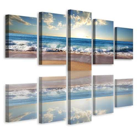 Image of Beach Ocean Seascape 5-Panel Framed Canvas Print Wall Art