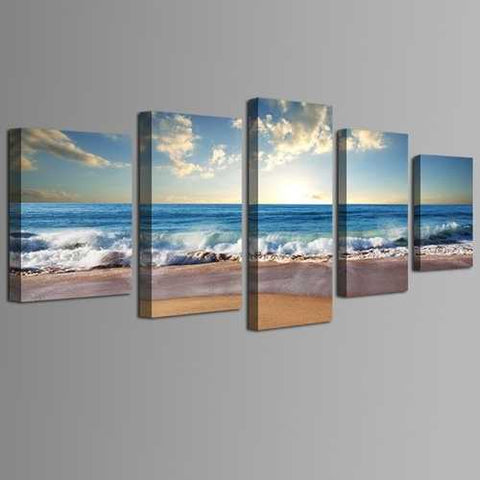 Image of Beach Ocean Seascape 5-Panel Framed Canvas Print Wall Art