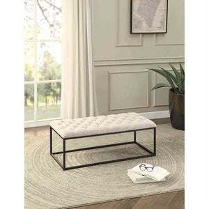 Beige Fabric Padded Button-Tufted Ottoman Accent Bench with Metal Frame