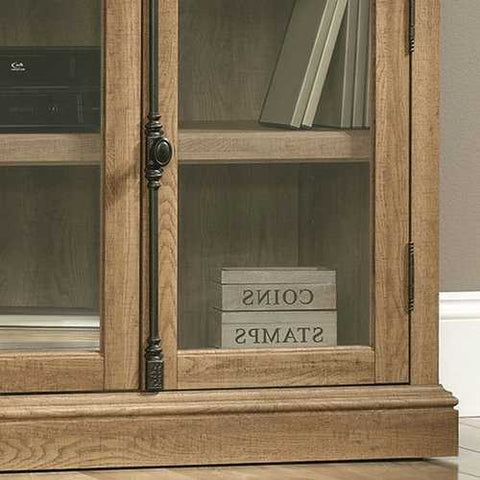 Image of Scribed Oak Wood Finish TV Stand with Tempered Glass Doors - Made in USA