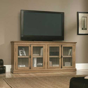 Scribed Oak Wood Finish TV Stand with Tempered Glass Doors - Made in USA