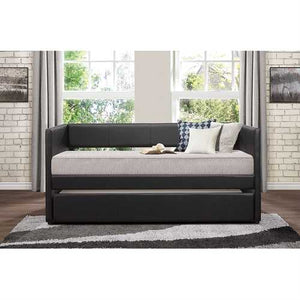 Twin size Black Faux Leather Upholstered Daybed with Pull Out Trundle