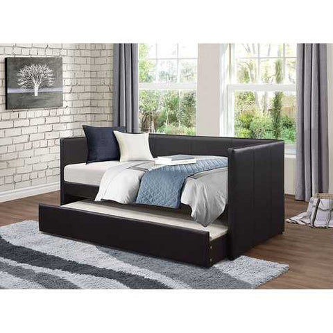 Image of Twin size Black Faux Leather Upholstered Daybed with Pull Out Trundle